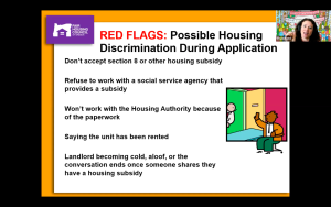 Image from Zoom webinar showing Fair Housing Council of Oregon slide with presenter speaking 